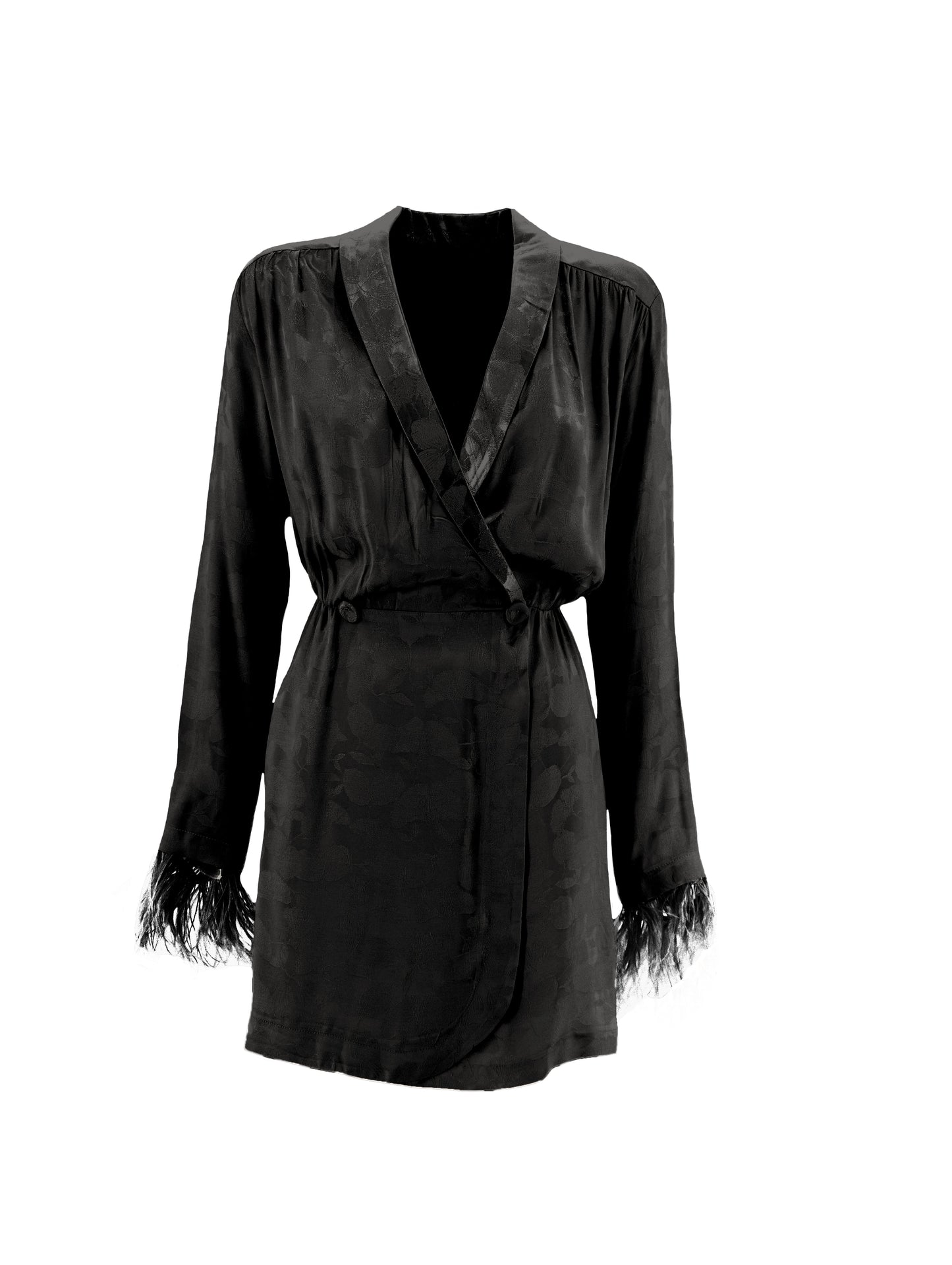 MASA 短款长袖羽毛交叉领拼接连衣裙