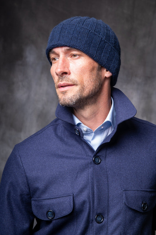 蓝色羊绒罗纹针织帽 - 意大利制造