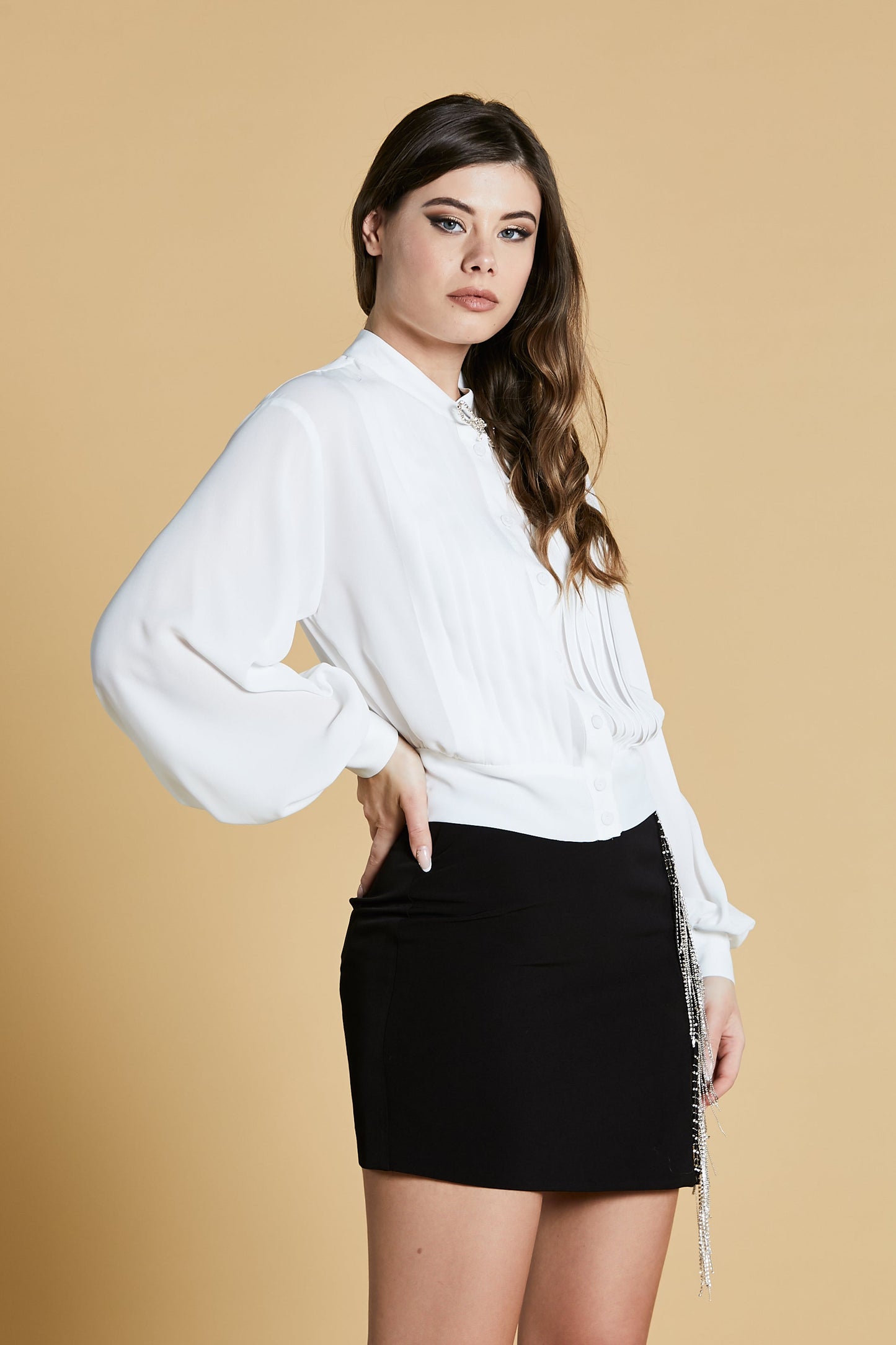 MOUS SHIRT 短款灯笼袖韩版立领百褶加水钻胸针