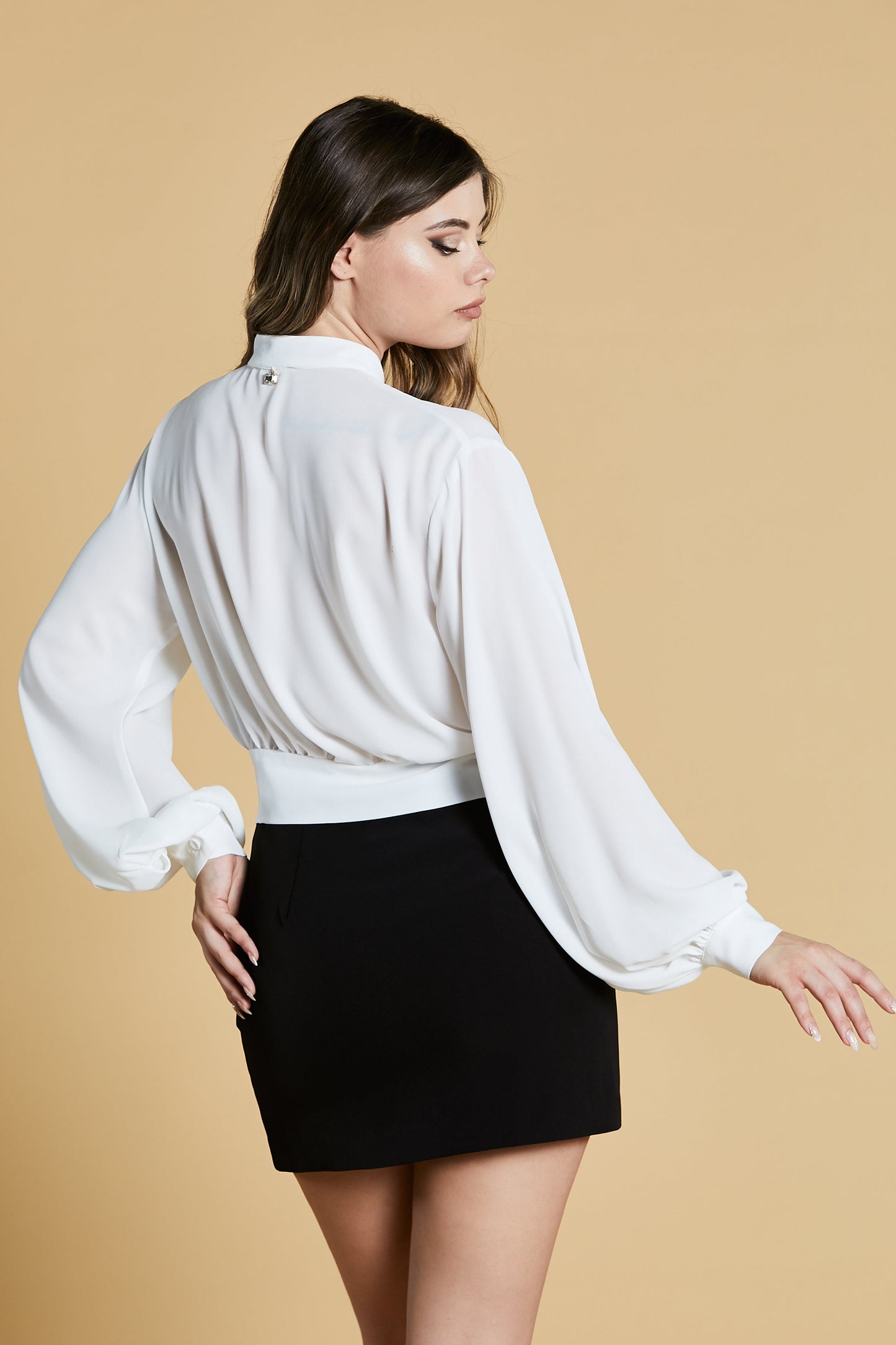 MOUS SHIRT 短款灯笼袖韩版立领百褶加水钻胸针