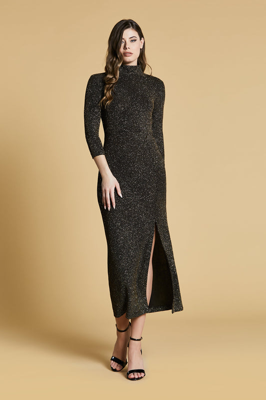 长款连衣裙 LUNA 3/4 袖领带后开孔纽扣加开衩