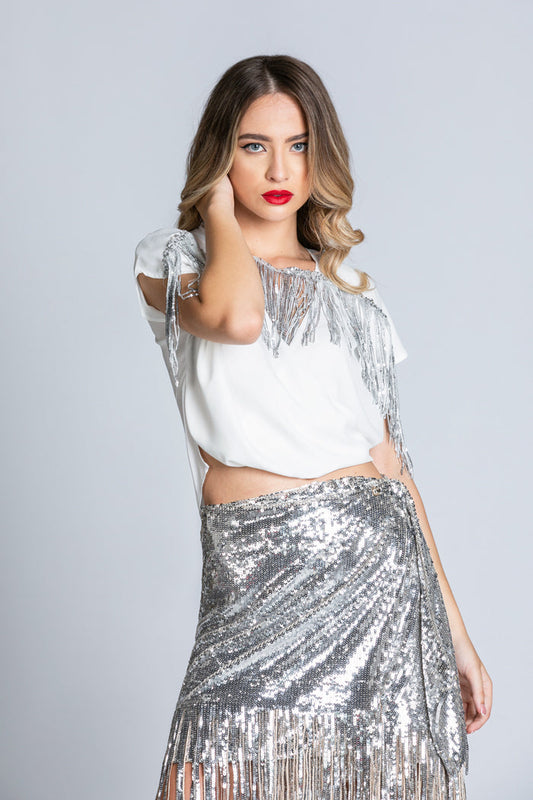 衬衫 CAYAMBE 短半袖翻盖领口带 bott.applications 亮片加流苏