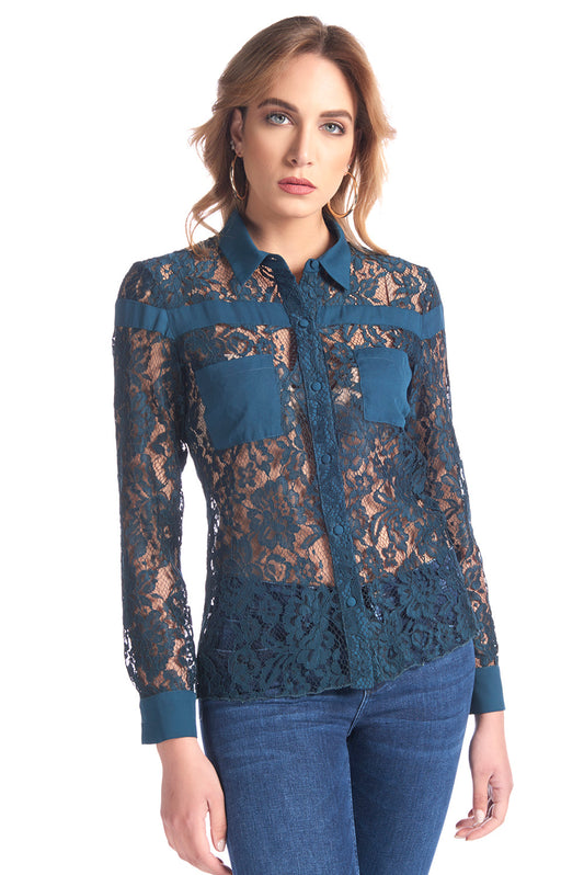 ANCIOLA 全蕾丝衬衫,缎面廓形和乔其纱口袋