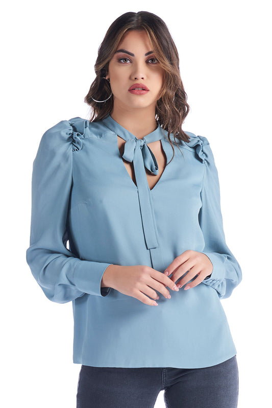 ARENA 长袖衬衫,领口和蝴蝶结,肩部有迷你翻盖