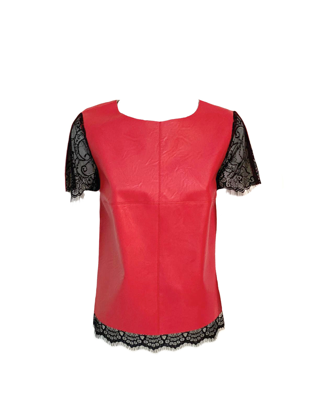 人造皮革和 MAHASTI 蕾丝镶嵌半袖 T 恤