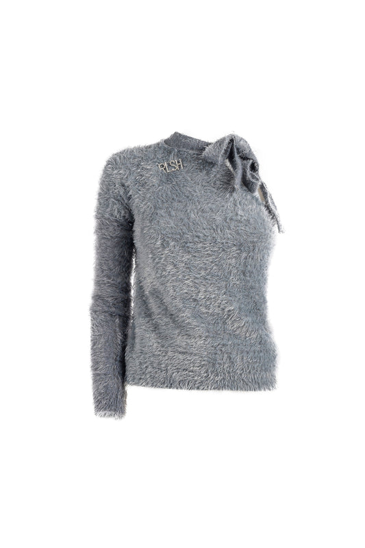 AMAMY 蝴蝶结胸针长袖一字肩衬衫