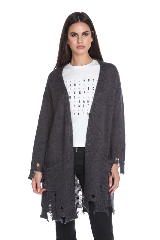 长袖 OKKIDI 开衫,带口袋加底部破洞