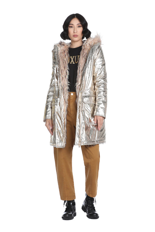 长袖 GETLEY 派克大衣,带兜帽,人造毛皮,口袋和层压抽绳