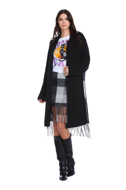 长袖 LUSENFY 开衫,背面格纹面料加口袋加腰带