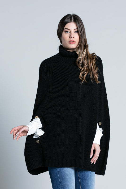 ATENN 纽扣长袖高领斗篷