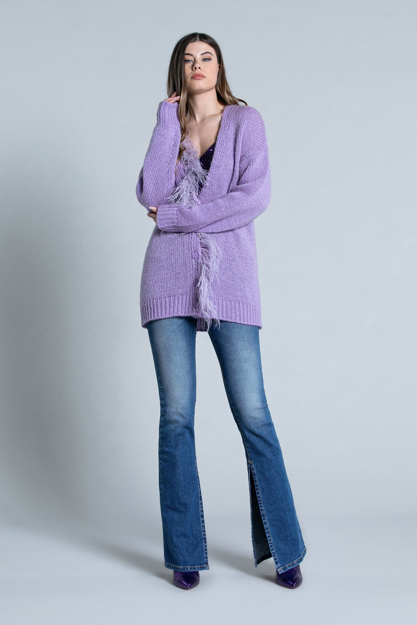 SENZAV 纽扣羽毛廓形长袖开衫