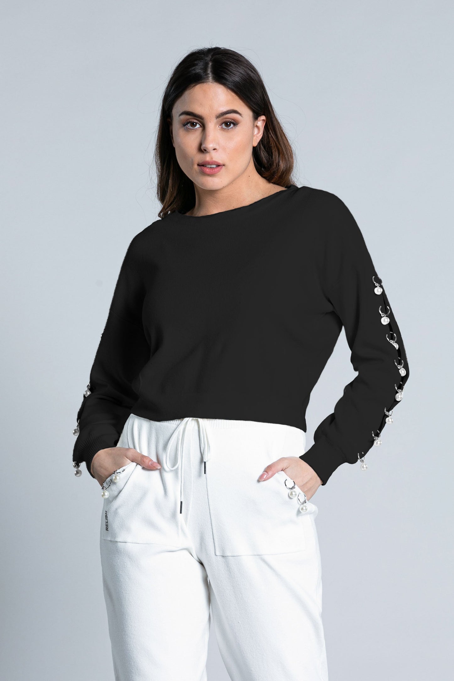 SEVERET 短款长袖衬衫,开口加珍珠圆环