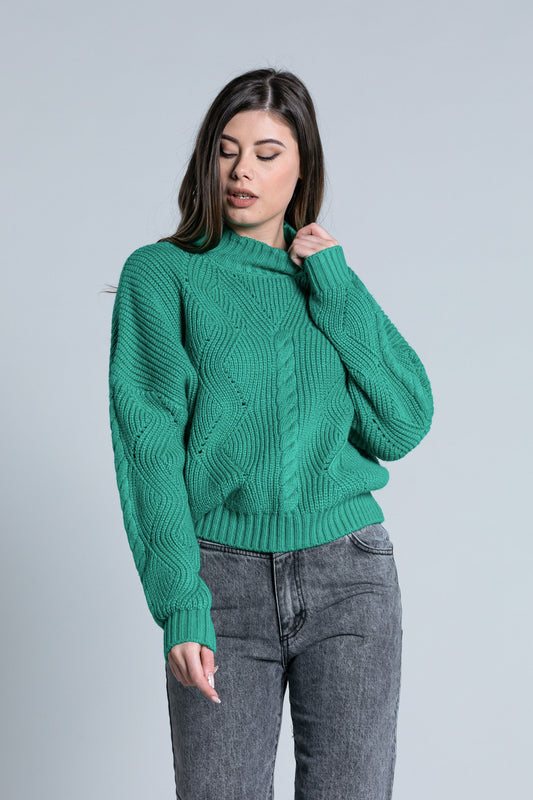 ATIS 宽落肩火山领加绞花针织长袖衬衫