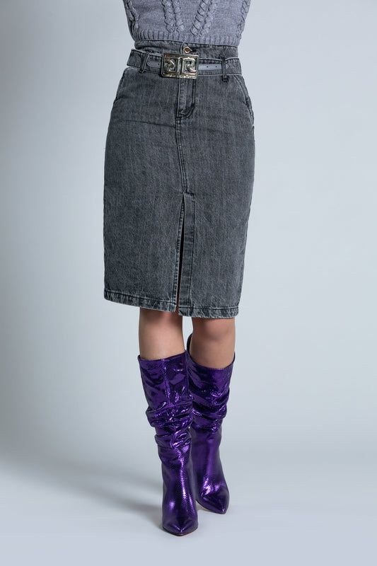 ALTIRESA 高腰开衩中长半身裙加黑色牛仔标志腰带