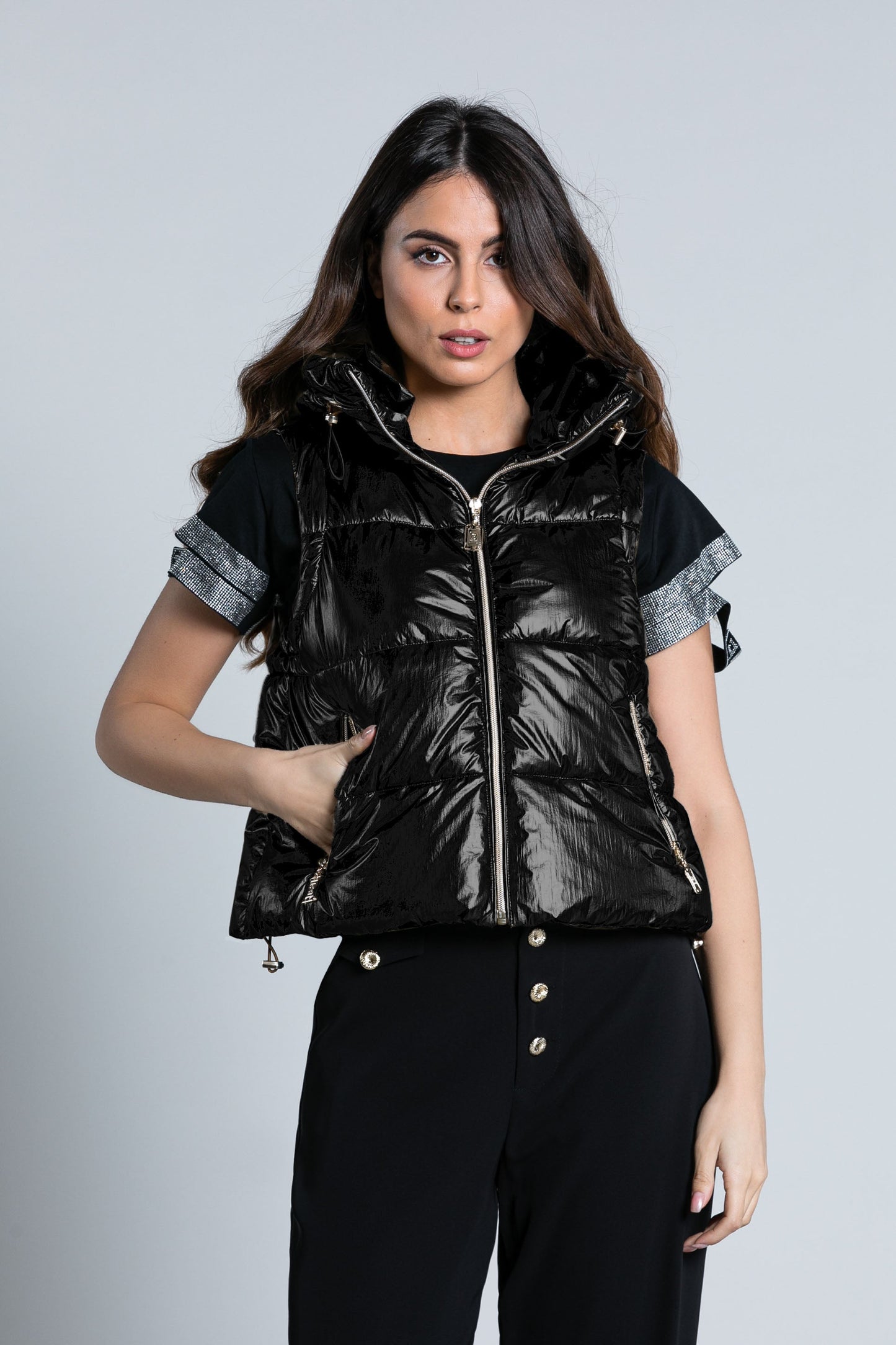 ZISAR 短款无袖羽绒服连帽加抽绳加拉链