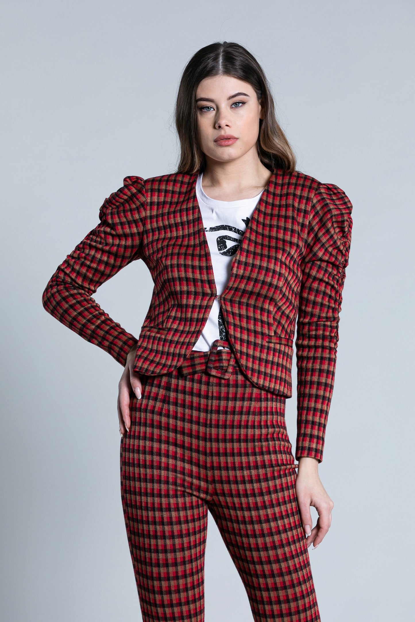 SCOT 卷边加格子钩无领长袖外套