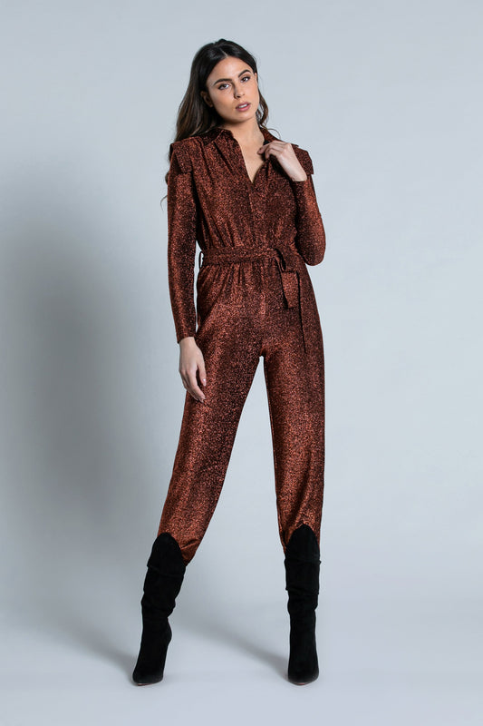 连身裤 JILIA 细节长袖衬衫单肩加褶皱加卢勒克斯腰带