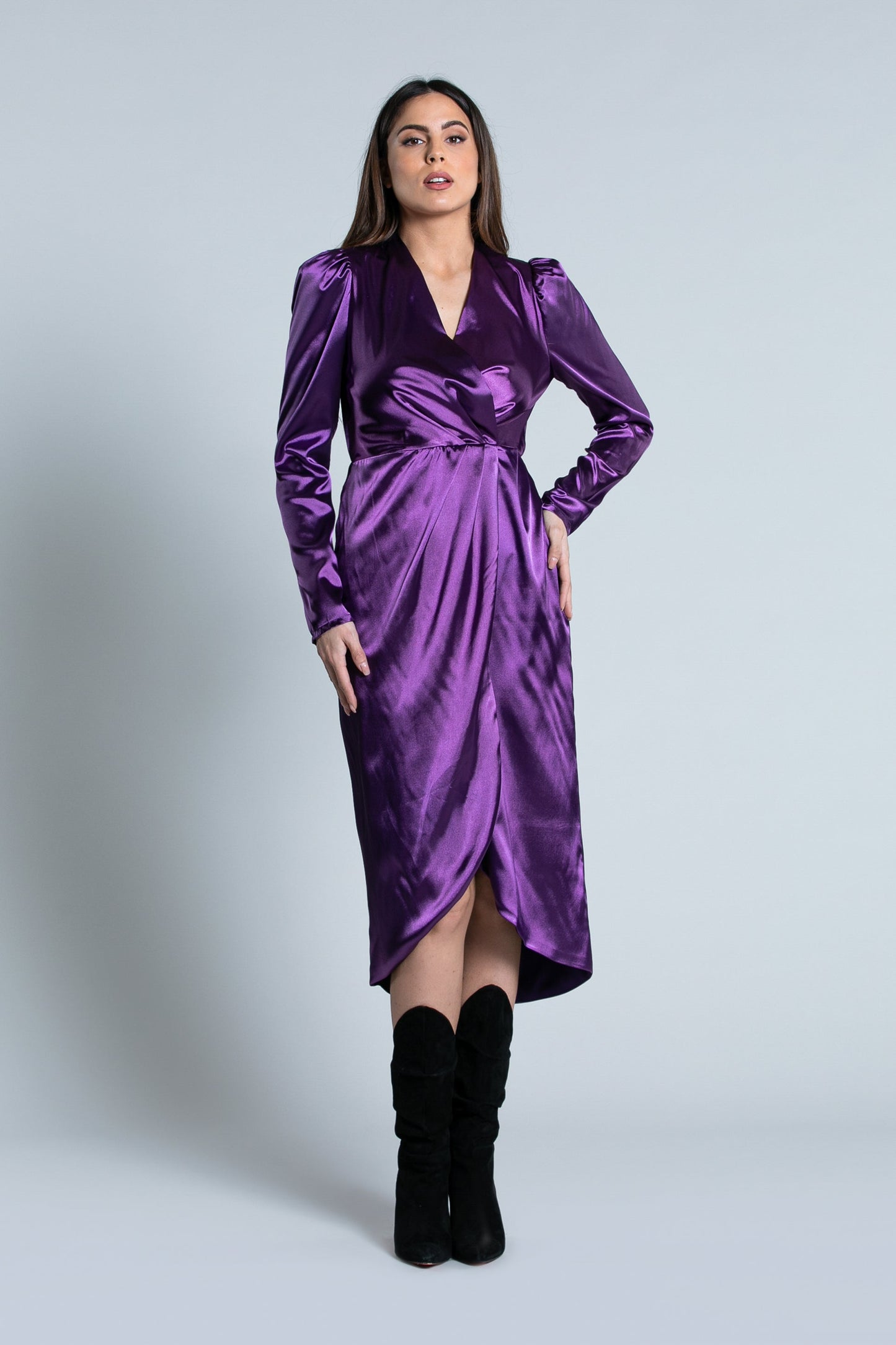 ZIN 中长连衣裙长袖领口加交叉裙子加收腰