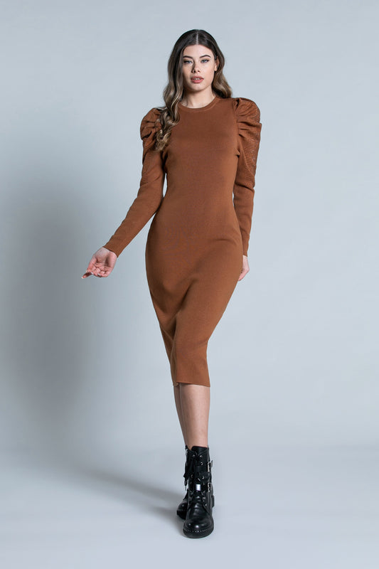 AMIO 长款泡泡袖水钻中长连衣裙