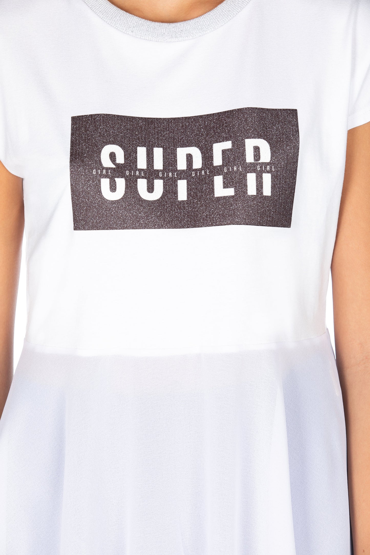 SUPEROR 闪粉印花乔其纱褶边长款半袖 T 恤