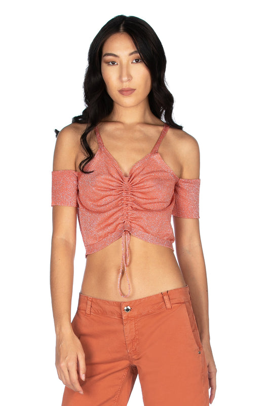 ASTONETTI 露肩短袖毛衣,金银丝束带