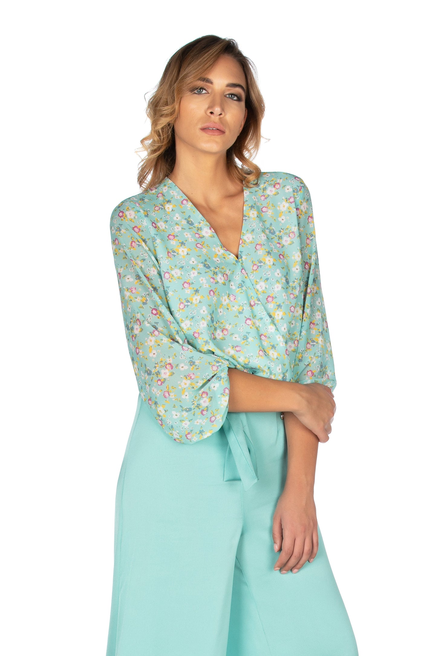 Blouse COLUMN 连体衣长款泡泡袖V领交叉梦幻花朵