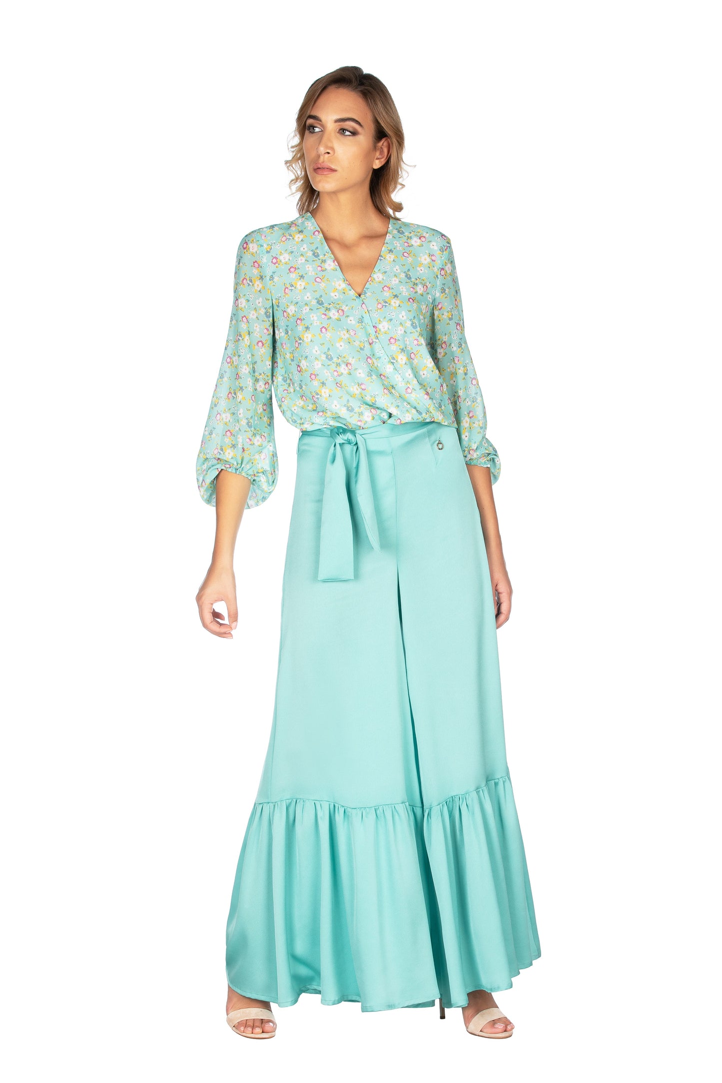 Blouse COLUMN 连体衣长款泡泡袖V领交叉梦幻花朵