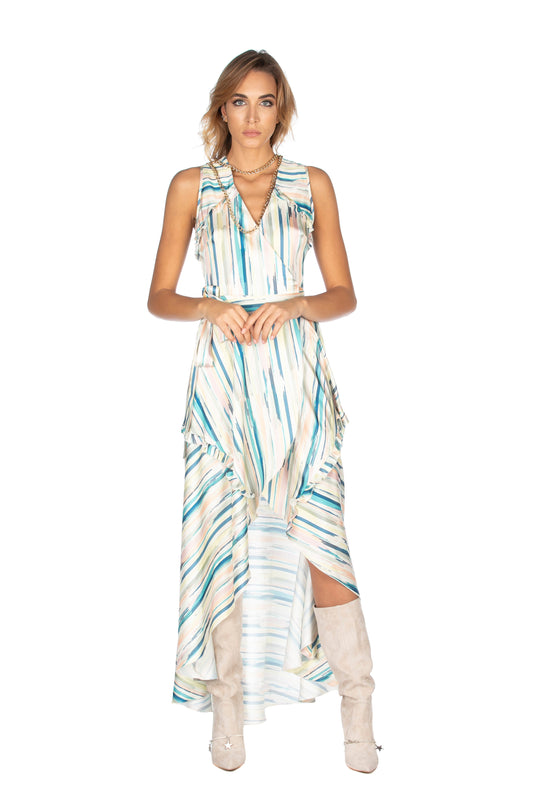 长款交叉连衣裙 SAILOR 水彩奇幻无袖宽开衩和荷叶边