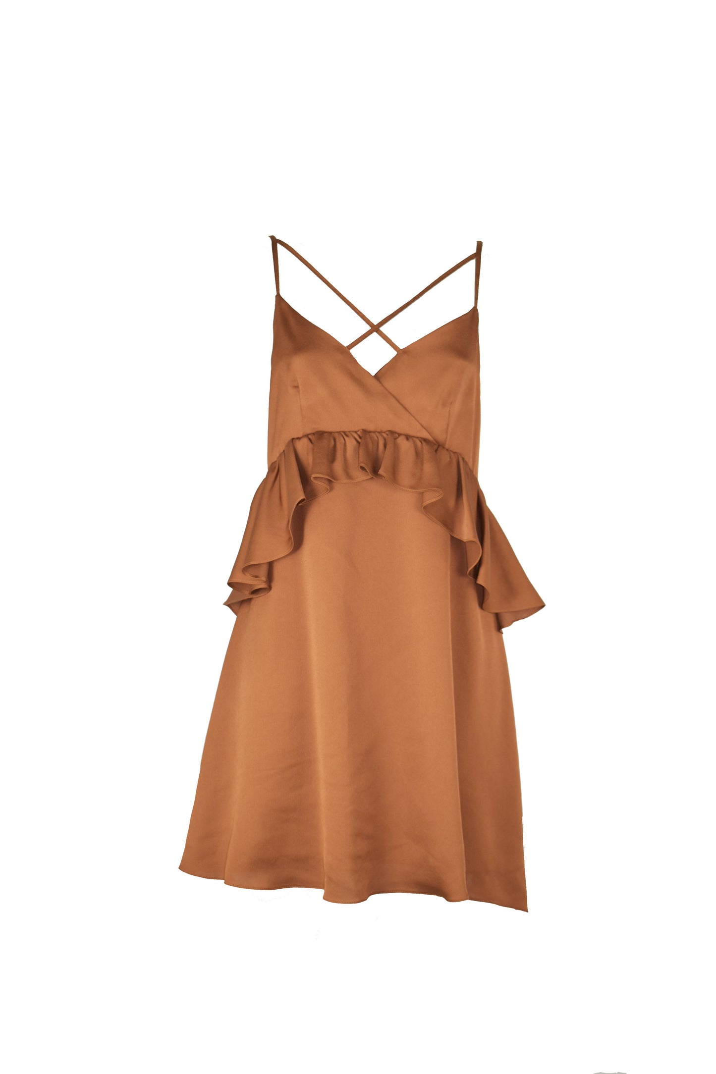 SECONDY 短款缎面无袖连衣裙,交叉肩带,腰部有褶饰