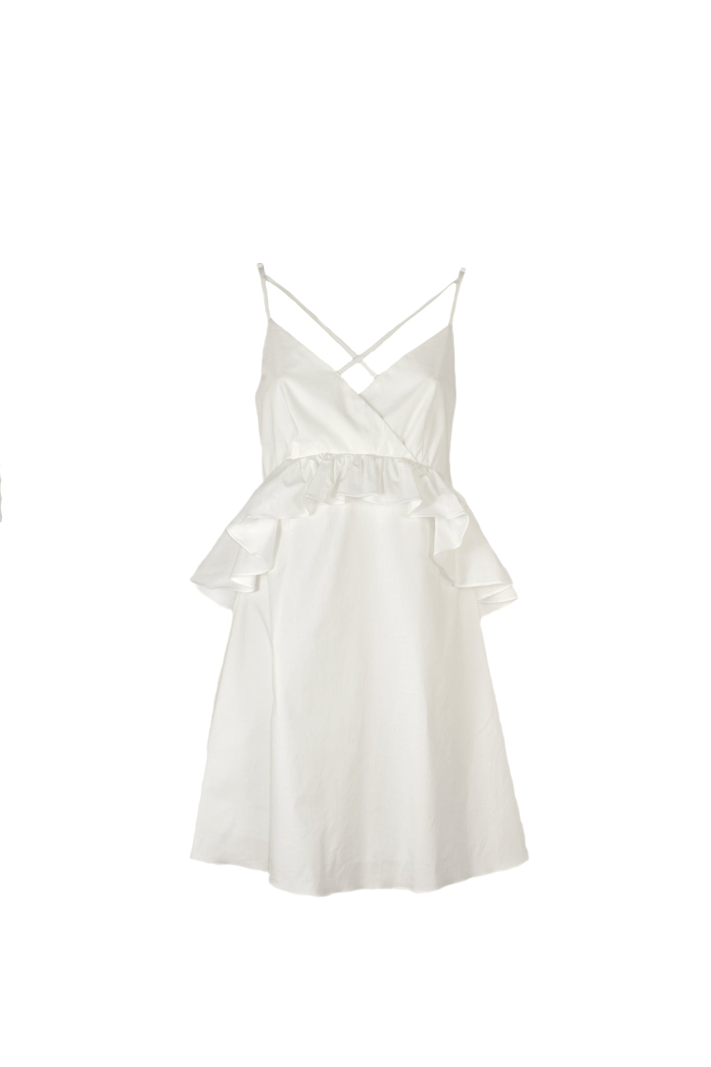 SECONDY-BIS 短款无袖连衣裙,交叉肩带府绸腰部荷叶边