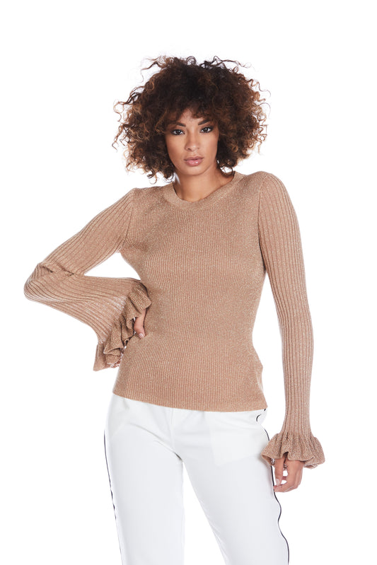 金银丝罗纹褶饰长袖印风毛衣