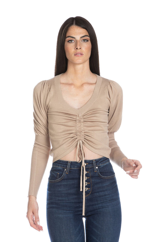 ALVERSTONE 抽绳长款泡泡袖 V 领毛衣