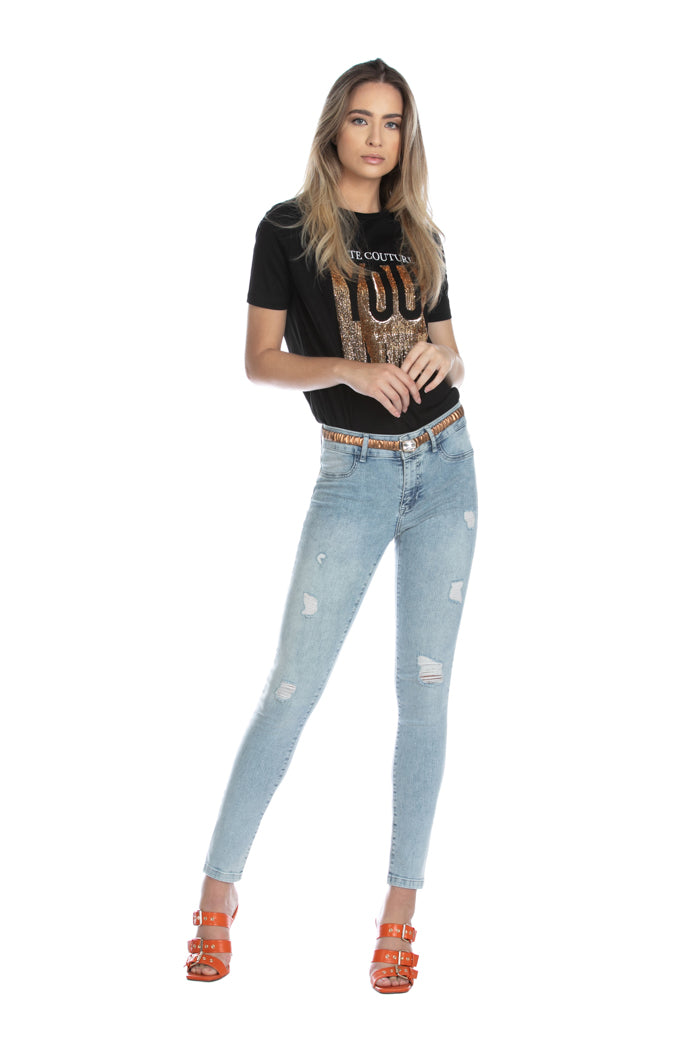 Jeggings 牛仔裤 DAISY/A 修身版型一粒扣两个口袋牛仔撕裂