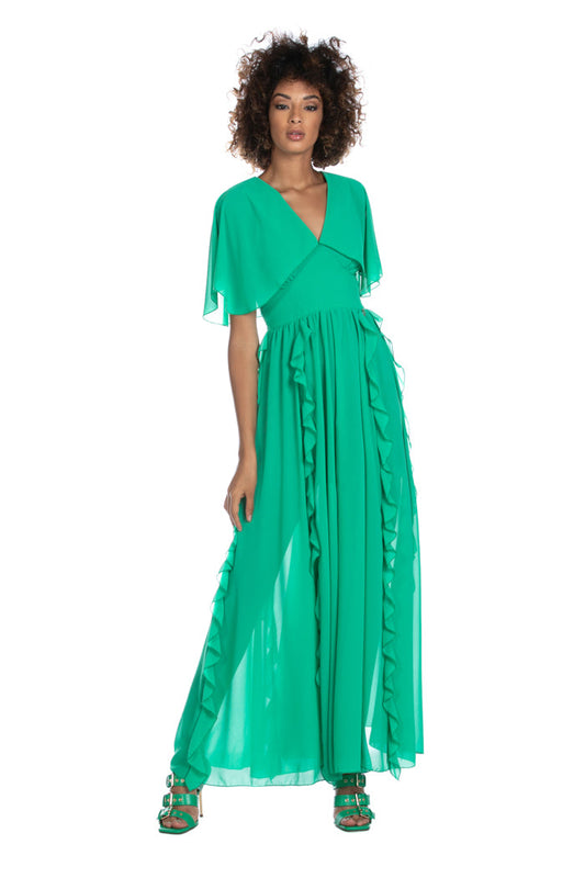 ANTOLA 长半袖荷叶边开胸宽 V 领连衣裙