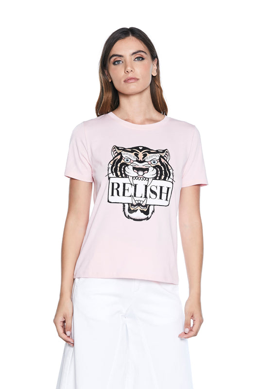 AMISSAN 半袖 T 恤与老虎印花加水钻应用