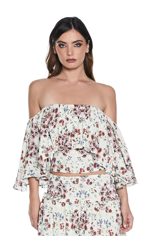 露脐上衣 OPTIUR 3/4 宽袖荷叶边加皱褶花卉图案