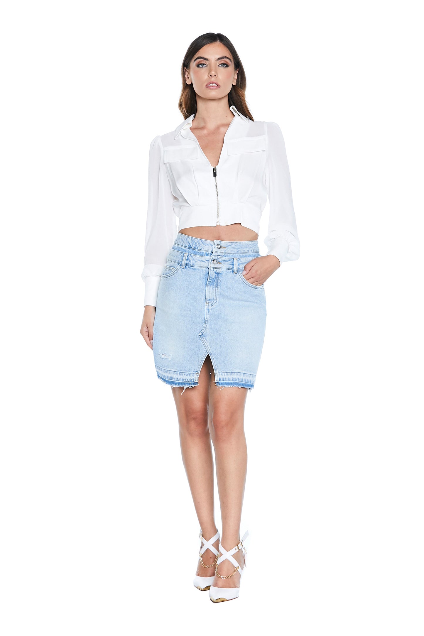 QUARTIU 双肩带短裙 5 个口袋加流苏牛仔开衩