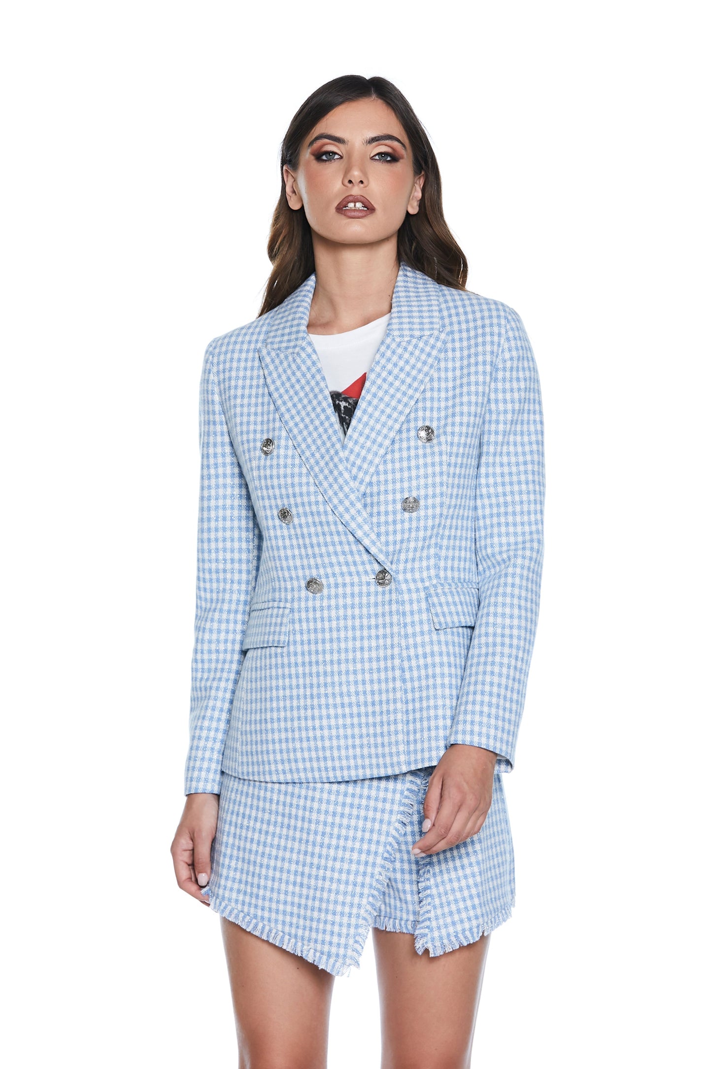 ZARINET 长袖双排扣纽扣加方形口袋加卢勒克斯织物夹克