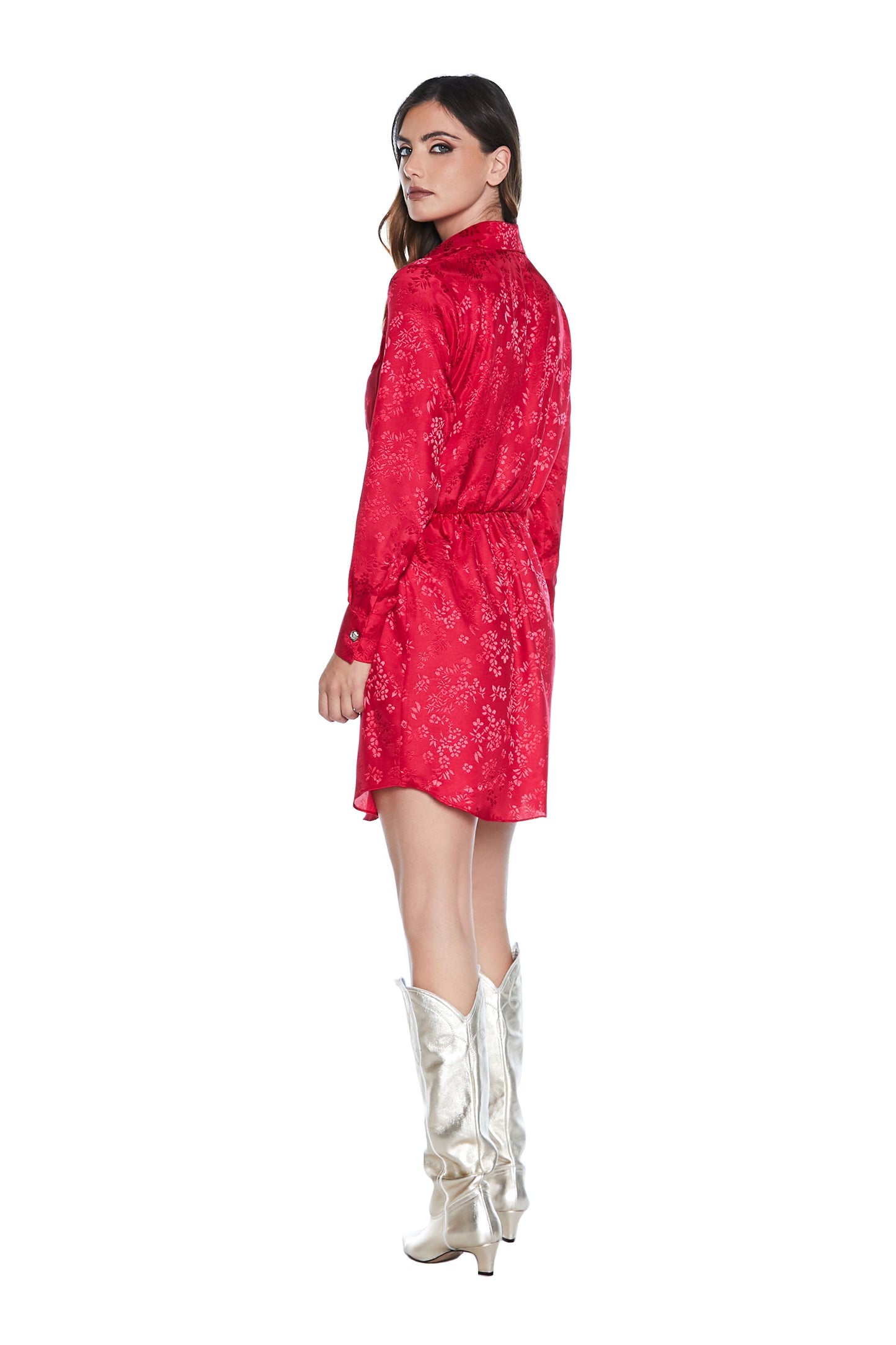 FUNNY 短款长袖化学连衣裙,带口袋加收腰提花花朵