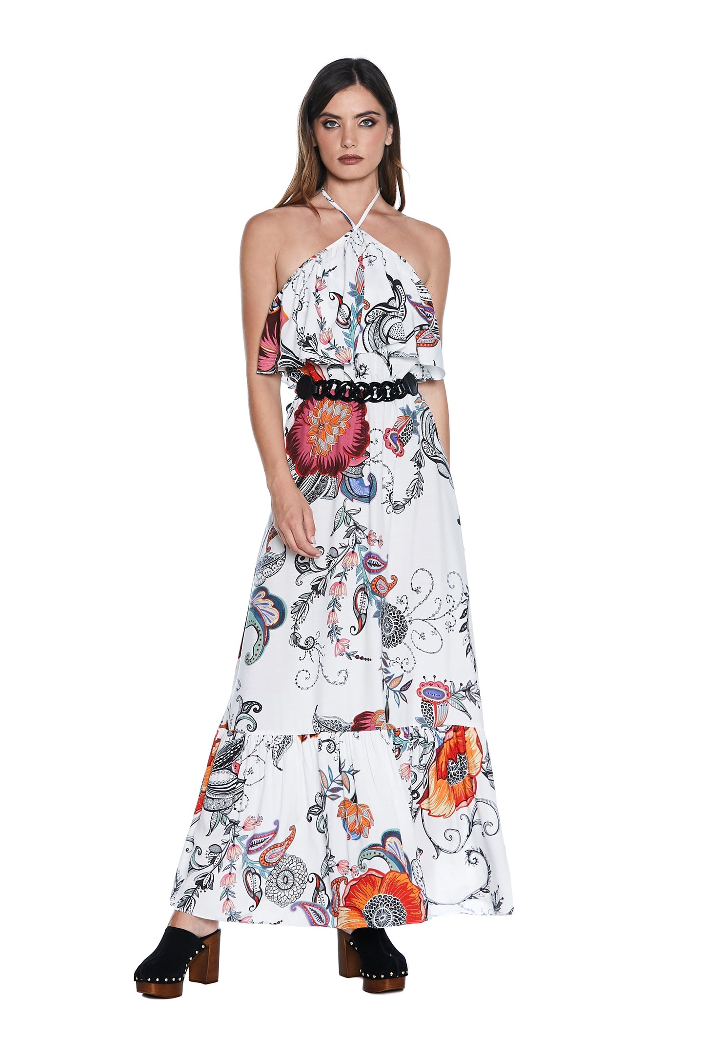 S/M 长款 FLOWER 连衣裙,领口蕾丝加褶边加扇形底部荷叶边。围巾