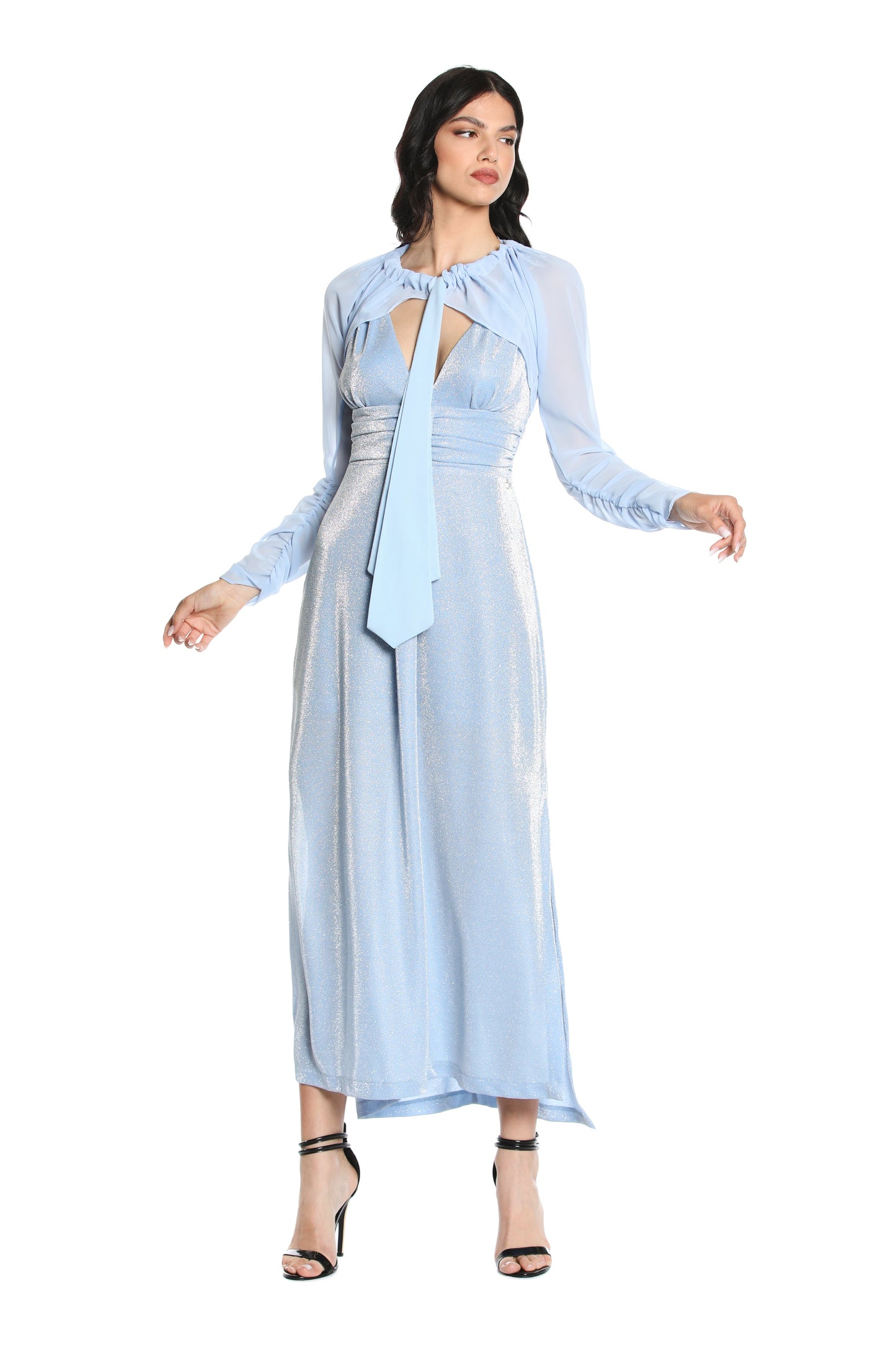 S/M 长 AURORA 连衣裙,带穿孔应用加褶皱加卢勒克斯开衩