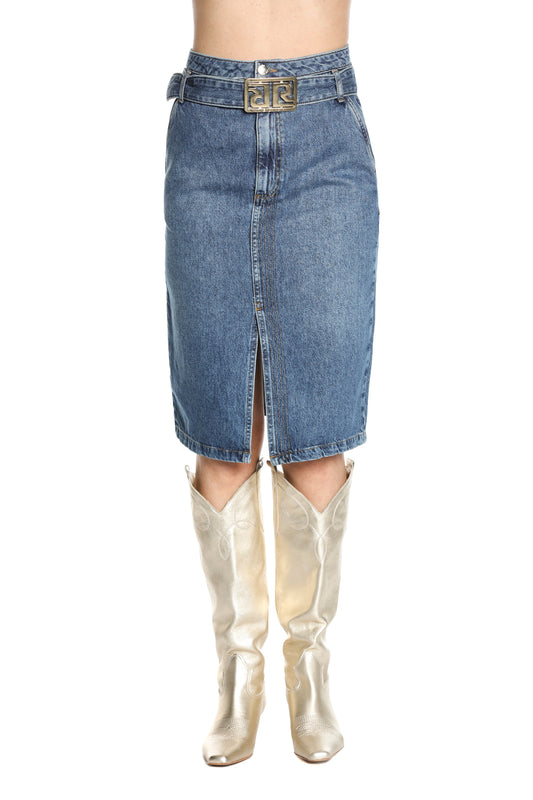 ALTIRESA 高腰双肩带开叉铅笔裙加牛仔logo腰带