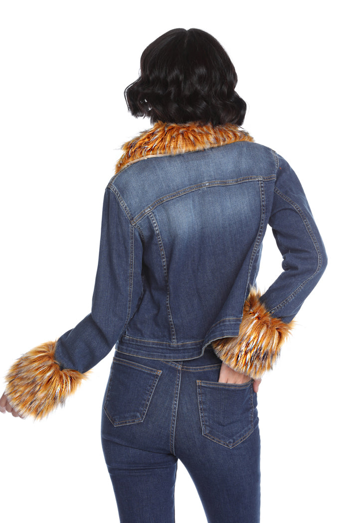ZASA 人造毛领和袖口牛仔长袖夹克