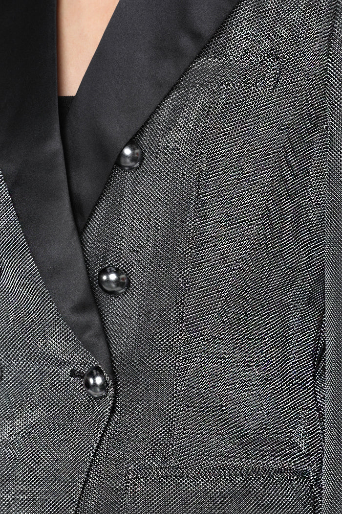 SWARZ 长款双排扣缎面翻领金属纽扣夹克