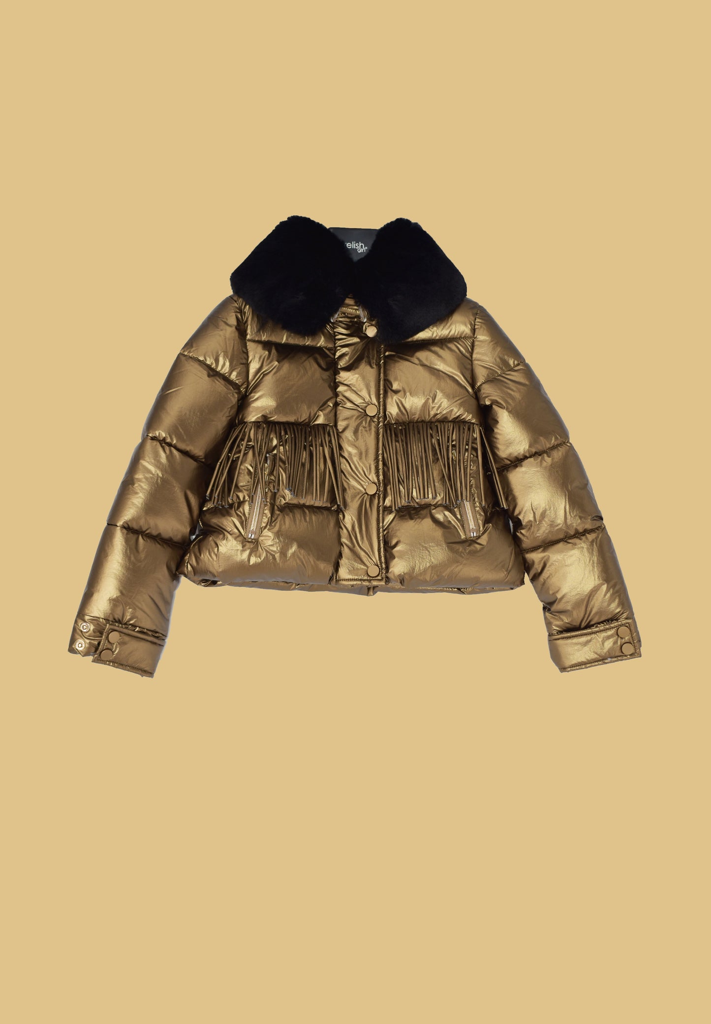 TODINA 短款羽绒服,带拉链、纽扣、流苏和可拆卸人造毛领。