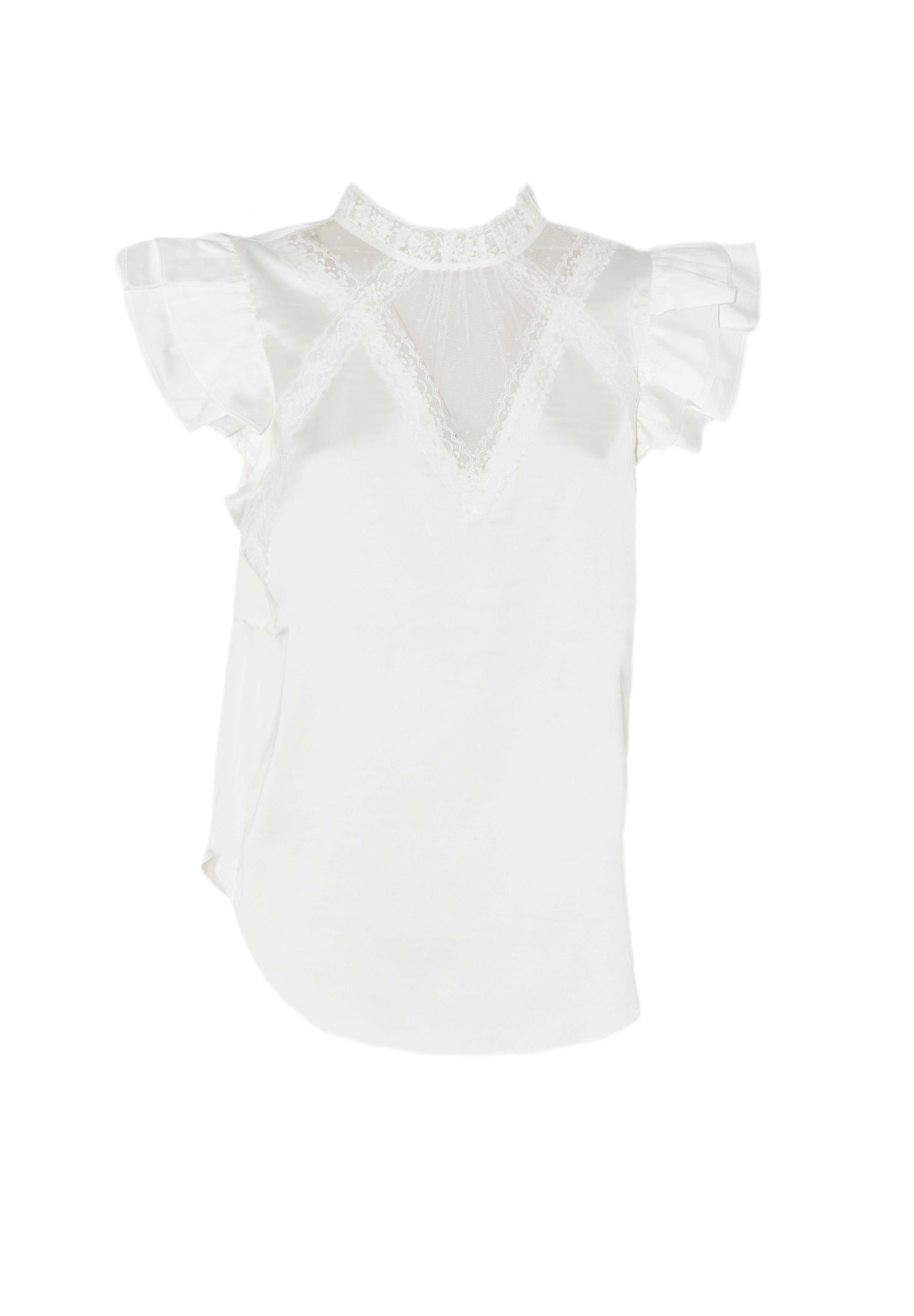 MAKAREN 半袖女式衬衫,带褶饰,蕾丝镶嵌,羽绒薄纱加背坠