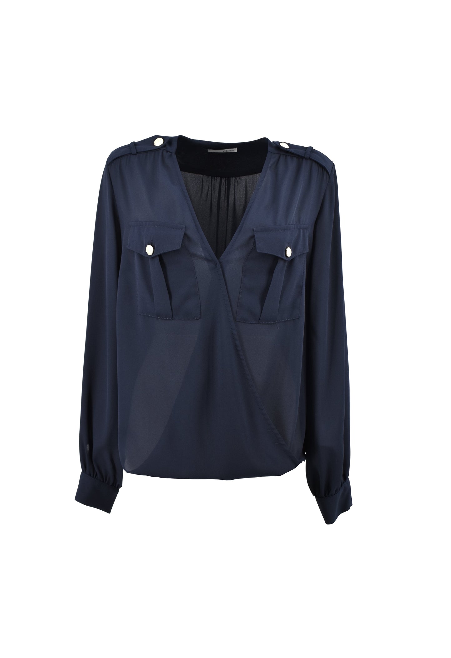 SERVAP 女式衬衫长袖交叉领口,带 Mar 加口袋加金色纽扣