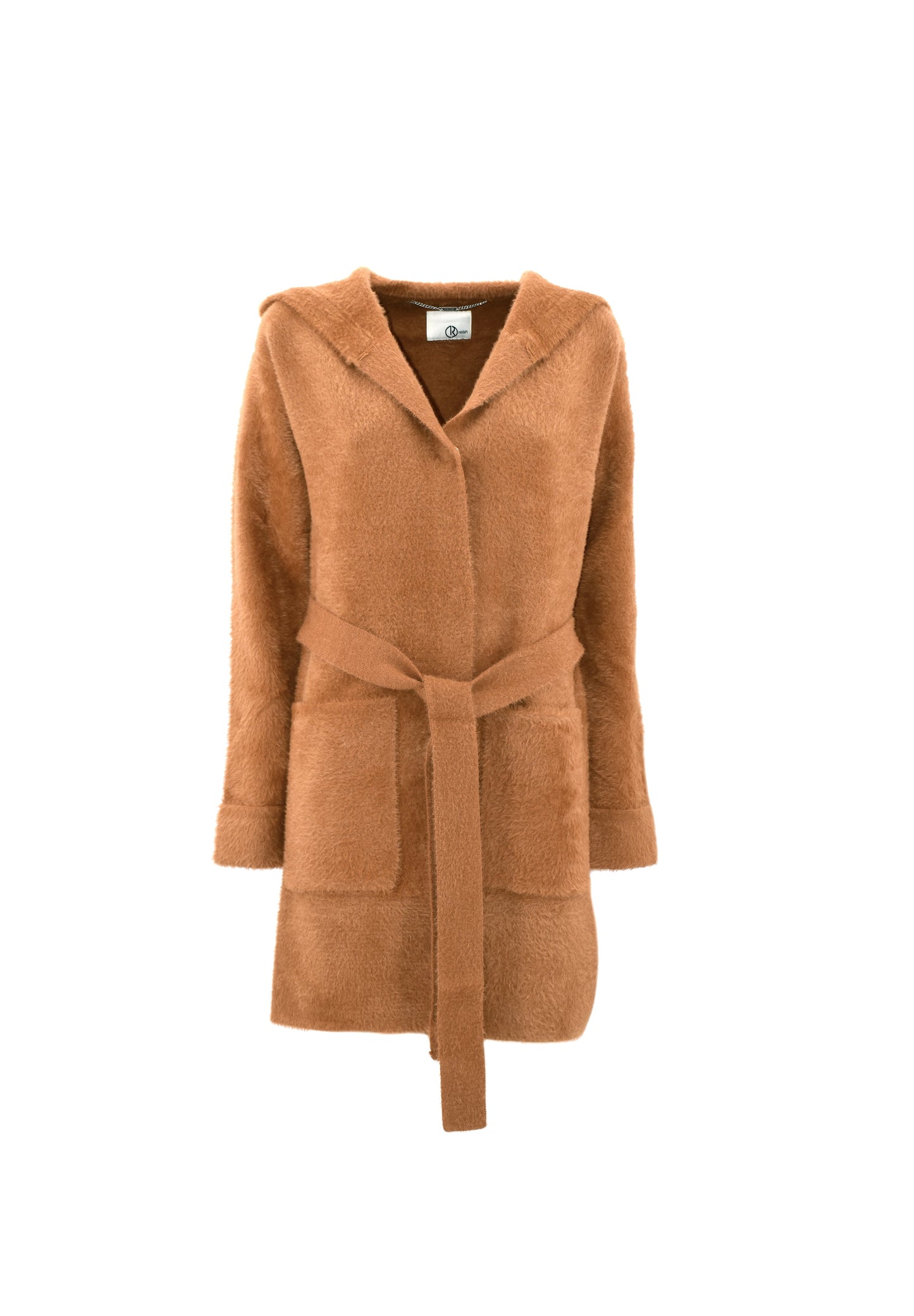 WILURDS 大衣连帽加腰带加口袋毛纱补丁