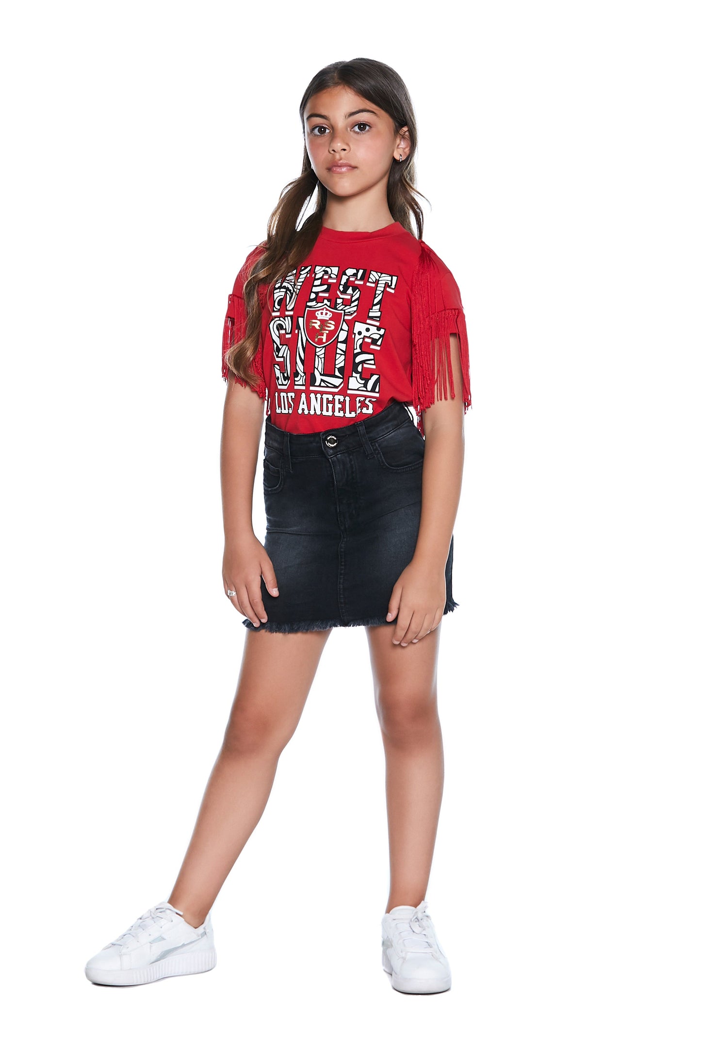 MACHEZ 半袖 T 恤,带流苏加饰边加西侧印花