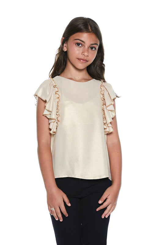 金色半袖荷叶边衬衫,涂层乔其纱背后有蝴蝶结